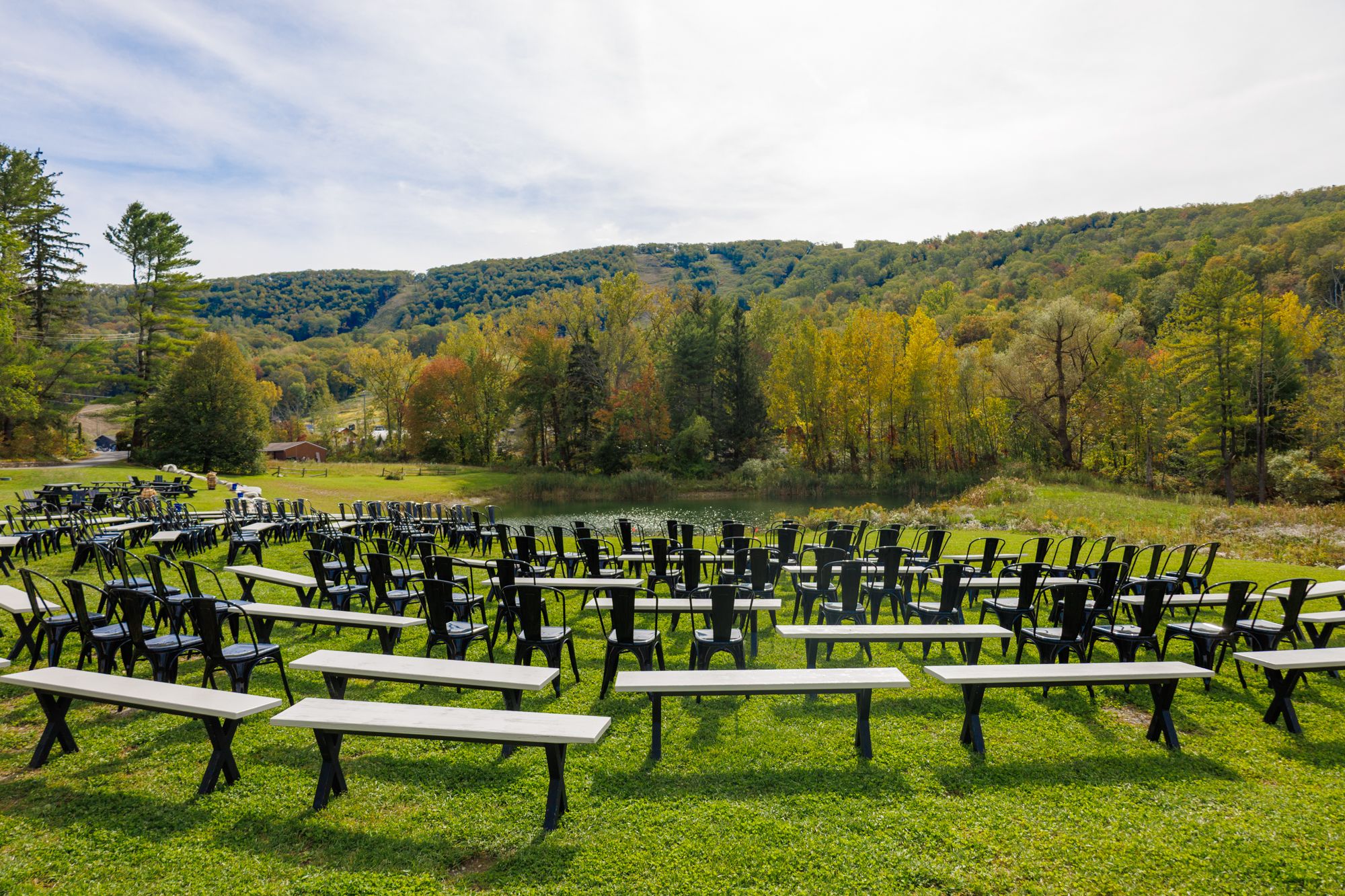 Wedding Seating all set up next to the pond at Catamount Resort